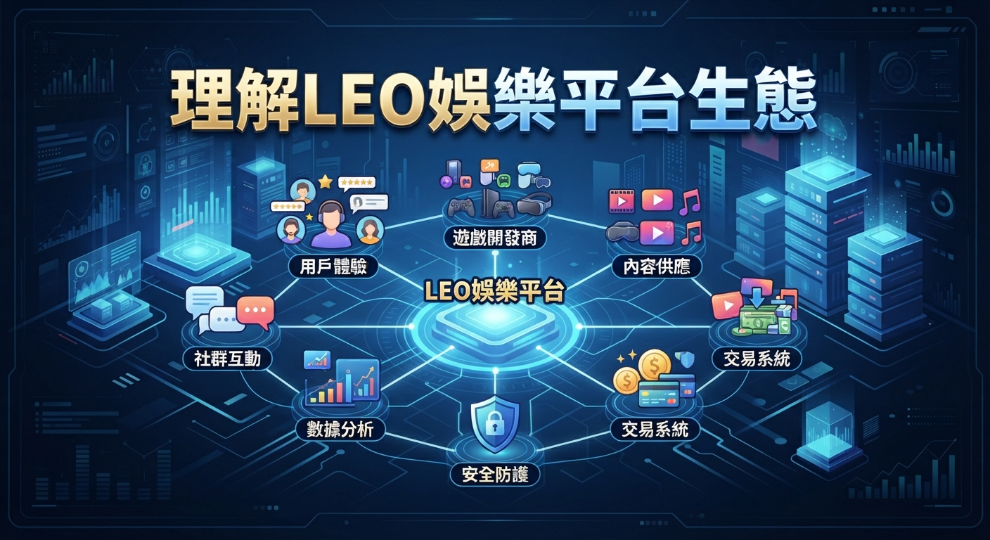 這張圖片展示了LEO娛樂平台的核心生態系統與其各項關鍵功能模組。 整體設計採用具科技感的深色背景，並透過圖標與連線清晰呈現平台網絡。
